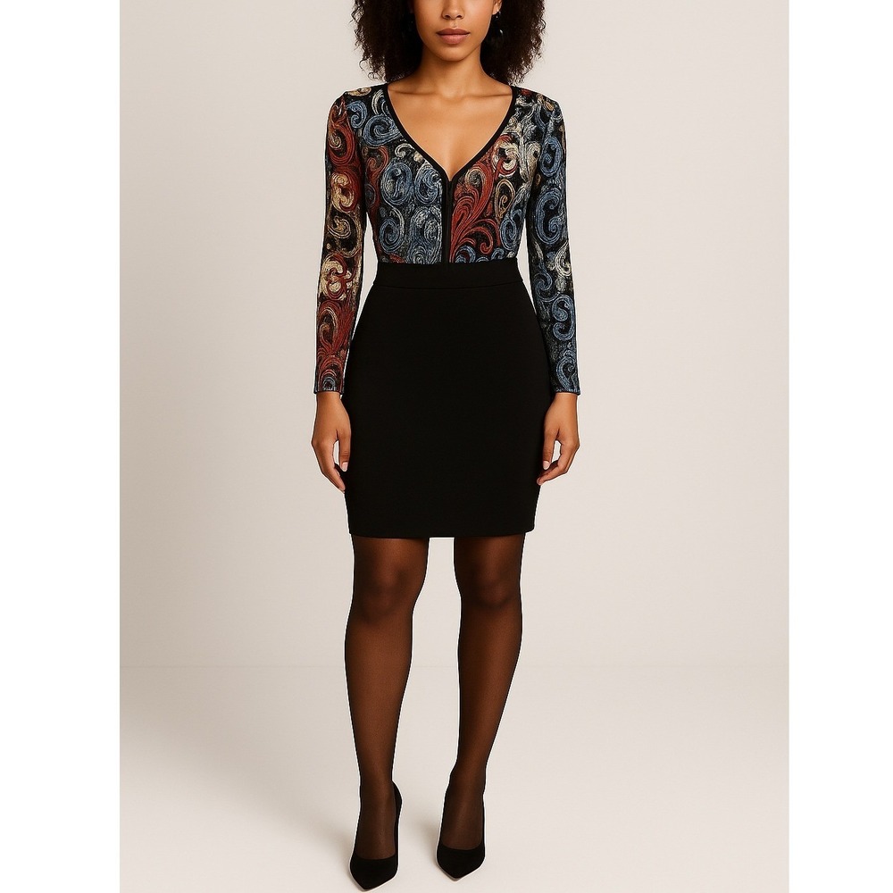 Nicole Miller‎ NY Baroque Print Long Sleeve Bodycon Cocktail Dress Size 6